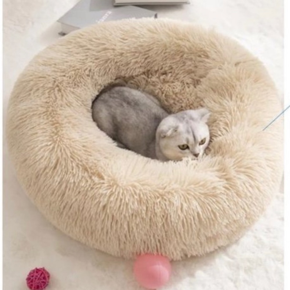 Calming Dog Cat Donut Bed Washable Fluffy Cream 20in (50cm)